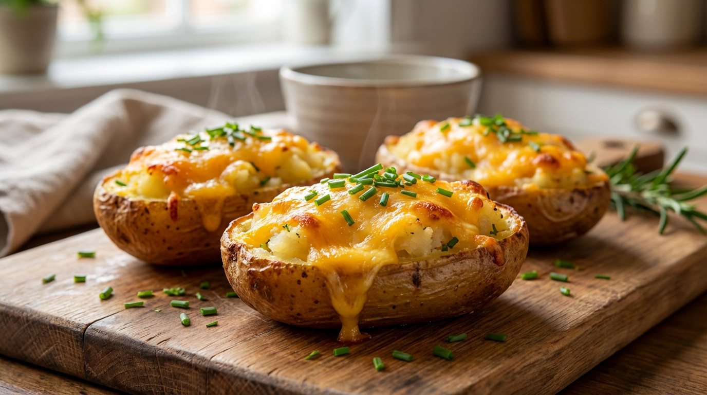Trois pommes de terre farcies chaudes avec du cheddar fondu et de la ciboulette, servies sur une planche en bois.