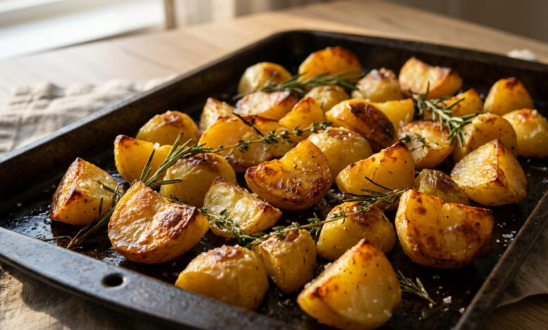 Plat de pommes de terre rôties dorées et croustillantes, parsemées de romarin, de thym et de gros sel, sur une plaque de cuisson.