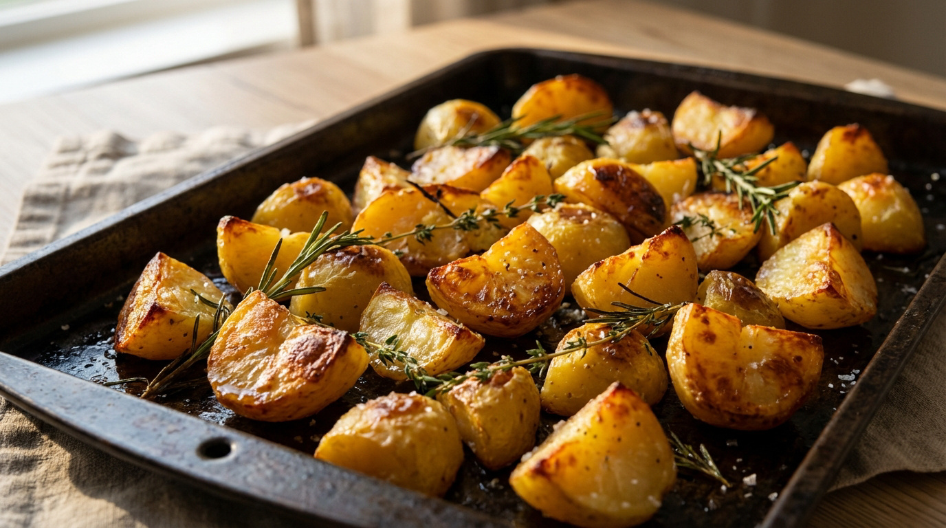 Plat de pommes de terre rôties dorées et croustillantes, parsemées de romarin, de thym et de gros sel, sur une plaque de cuisson.
