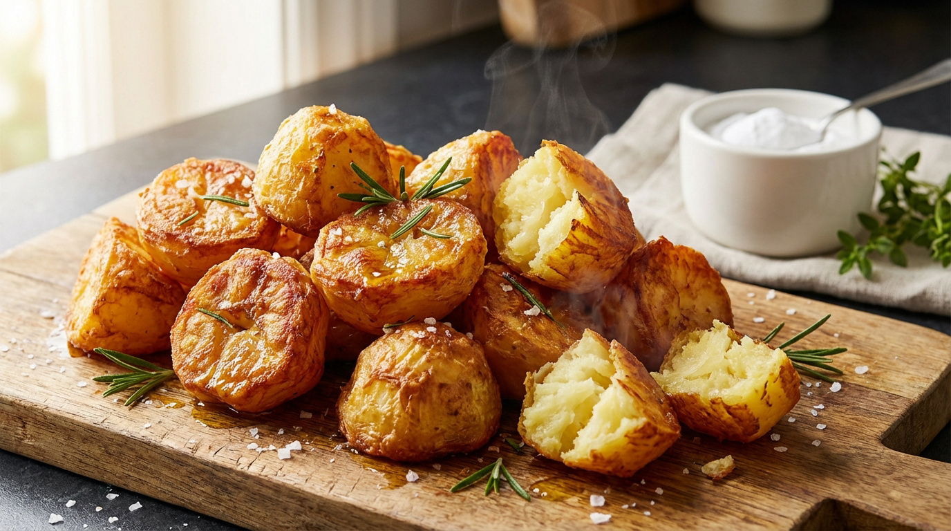 Pommes de terre rôties dorées et fumantes sur planche en bois, avec romarin, sel, et une sauce blanche en arrière-plan.