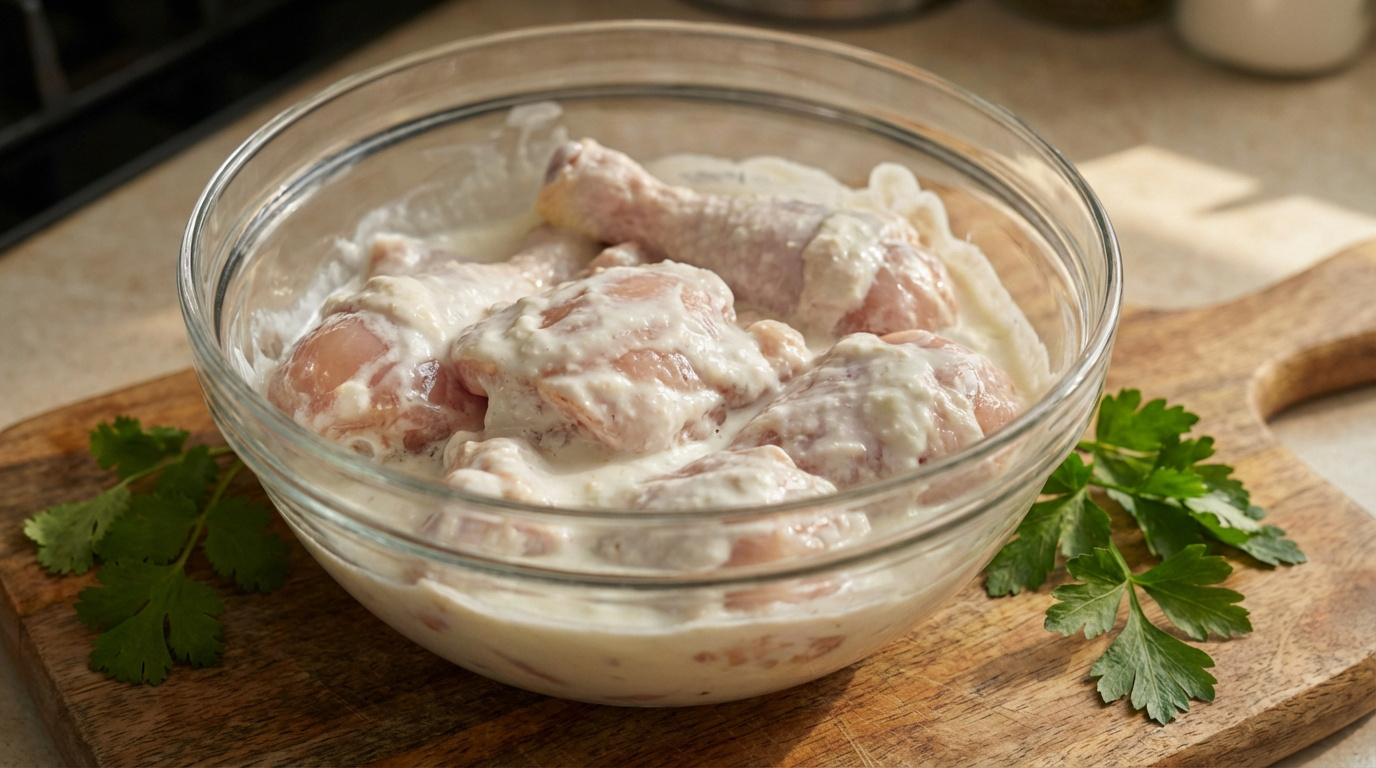 Morceaux de poulet crus marinant dans une sauce au yaourt blanc dans un bol en verre, sur une planche en bois avec du persil.