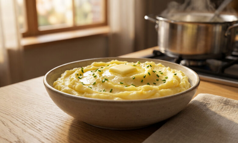 Bol de purée de pommes de terre vapeur onctueuse, garnie de beurre fondant et ciboulette, sur une table en bois clair. Une casserole fume en arrière-plan.