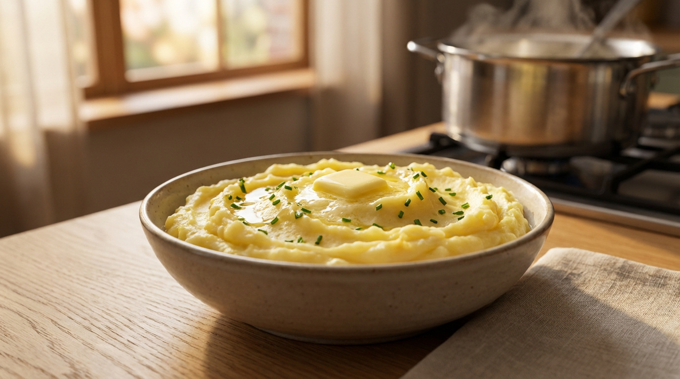 Bol de purée de pommes de terre vapeur onctueuse, garnie de beurre fondant et ciboulette, sur une table en bois clair. Une casserole fume en arrière-plan.