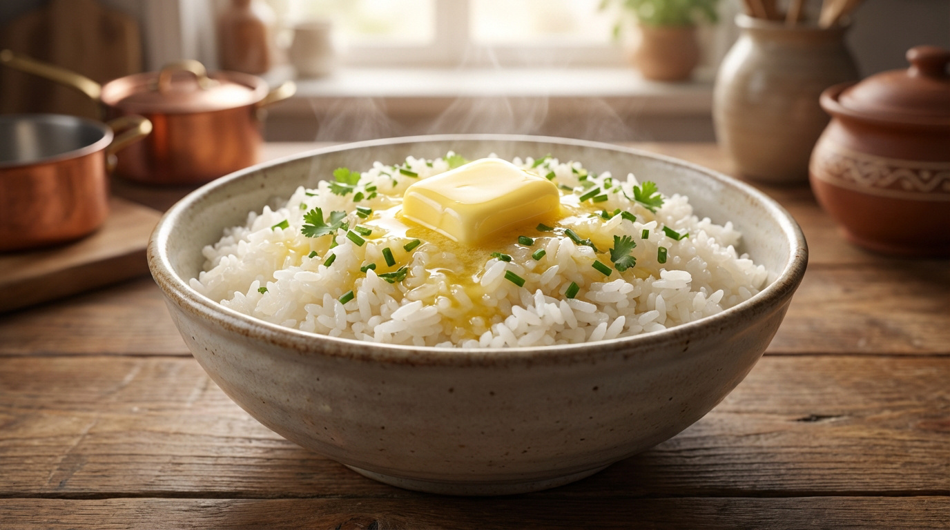 Un bol de riz blanc fumant avec une noix de beurre fondant, parsemé de ciboulette et coriandre, sur une table en bois.