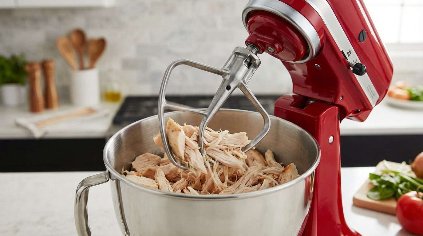 Un robot pâtissier KitchenAid rouge effiloche du poulet cuit dans un bol en inox, sur un comptoir de cuisine.