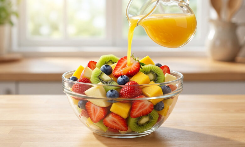 Un bol de salade de fruits frais (fraises, kiwis, mangues, myrtilles) reçoit un filet de jus d'orange dans une cuisine lumineuse.