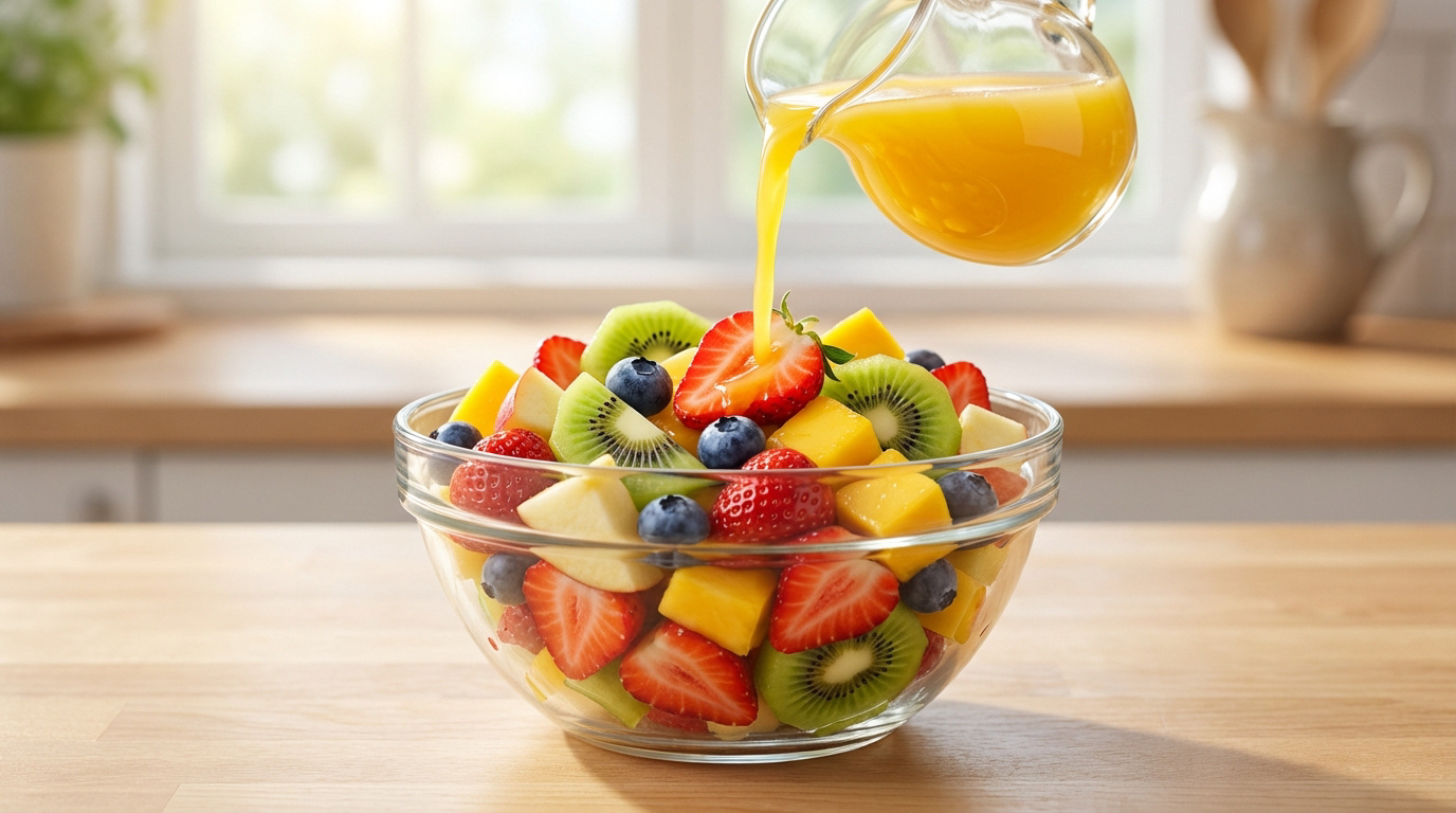 Un bol de salade de fruits frais (fraises, kiwis, mangues, myrtilles) reçoit un filet de jus d'orange dans une cuisine lumineuse.