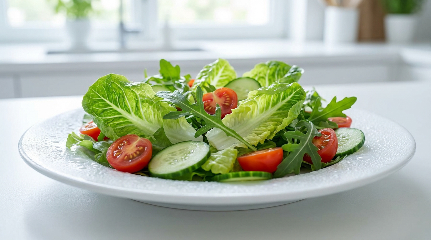 Assiette blanche avec une salade verte fraîche, tomates cerises, concombres, roquette et gouttelettes d'eau sur le bord.