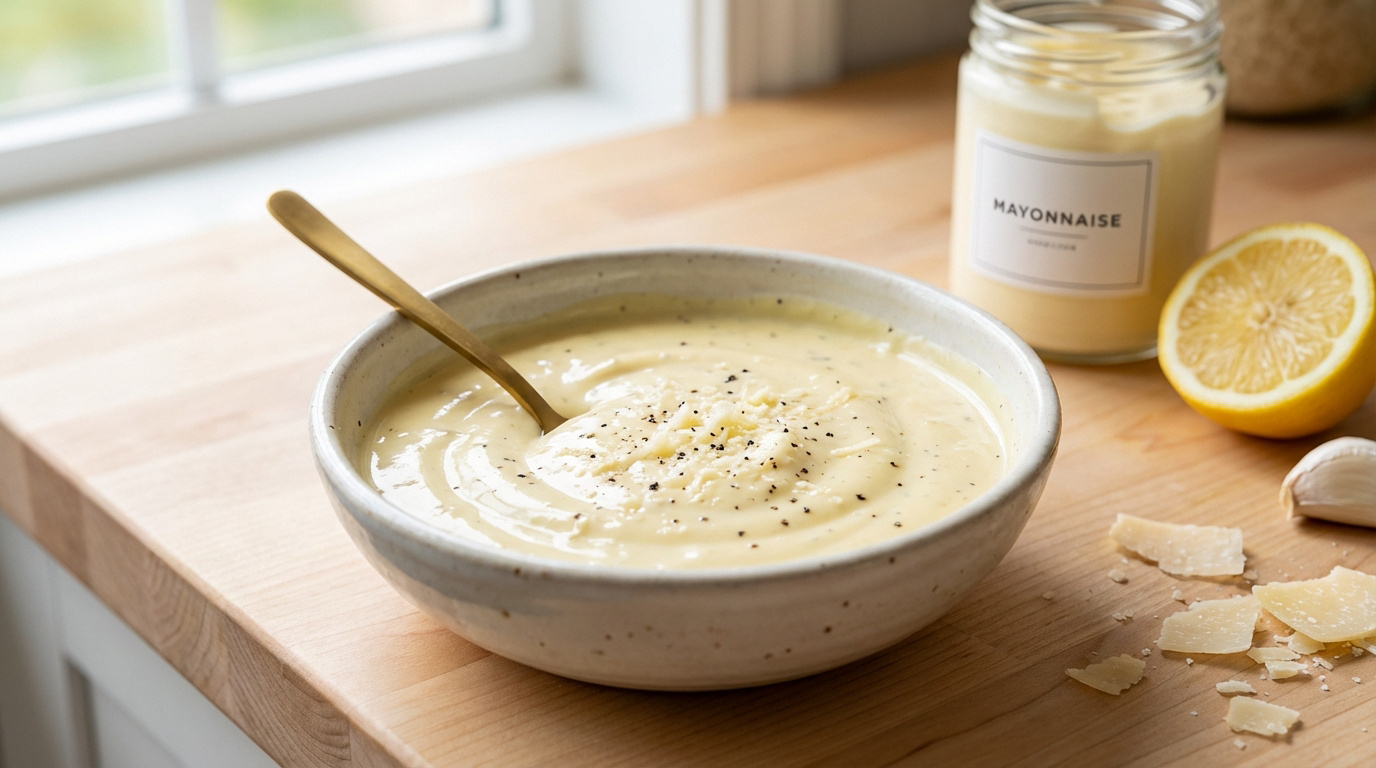 Bol de sauce césar mayonnaise crémeuse, garnie de poivre et parmesan. Citron, ail, fromage et pot de mayonnaise sur bois.