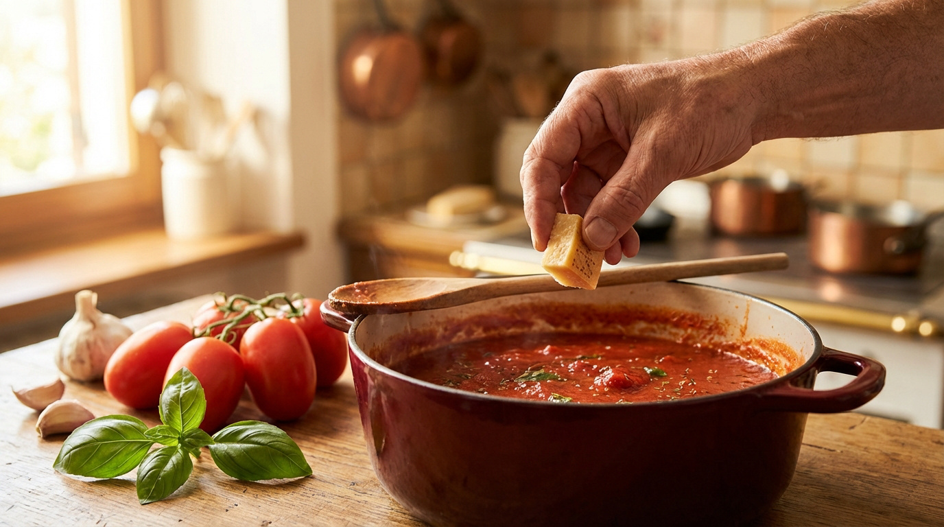 Une main ajoute un morceau de Parmesan à une sauce tomate mijotant dans une cocotte. Des tomates, du basilic et de l'ail sont sur la table.