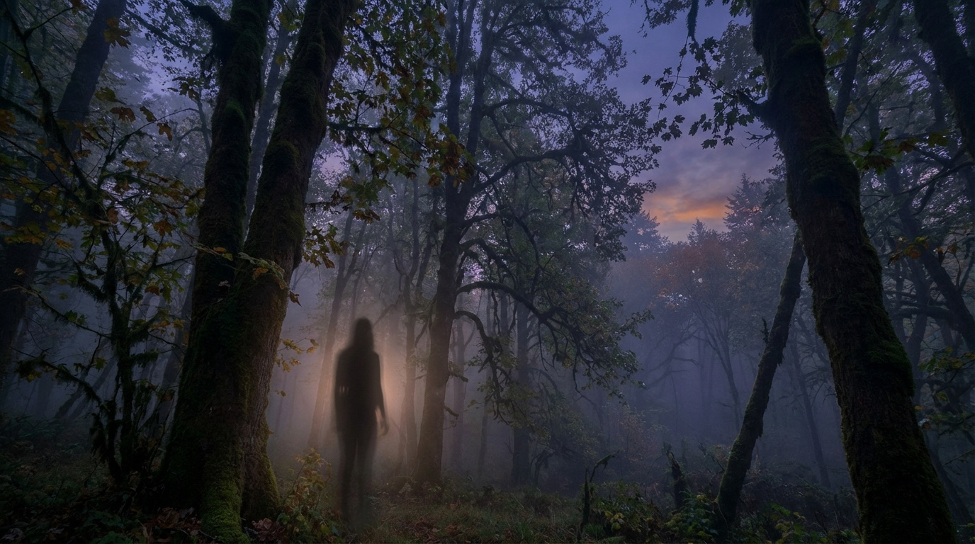 Photo d'une forêt sombre et brumeuse au crépuscule. Une figure humaine lumineuse et translucide se dresse au milieu des arbres.