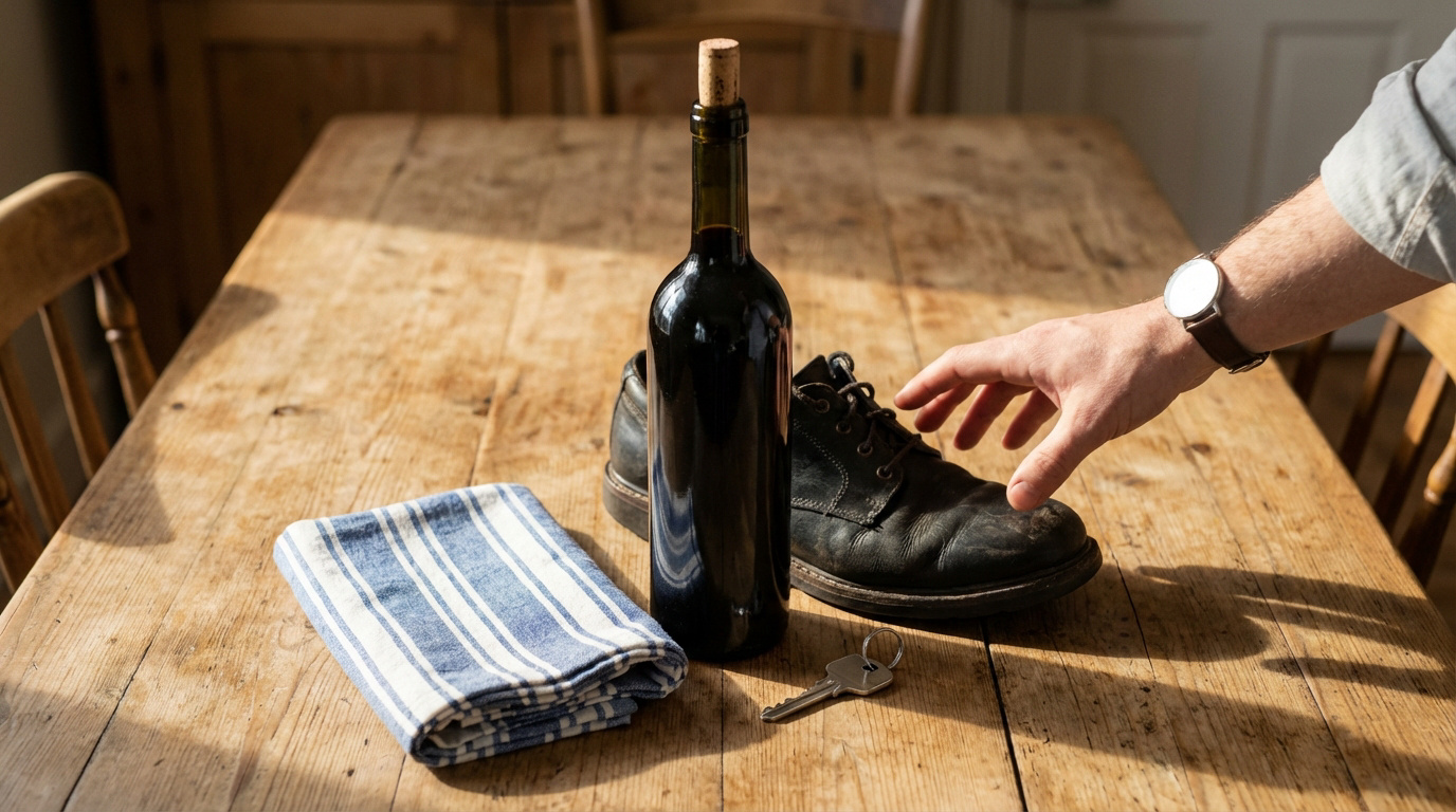 Sur une table en bois rustique, une bouteille de vin, une chaussure, une clé et un torchon sont disposés. Une main s'en approche.