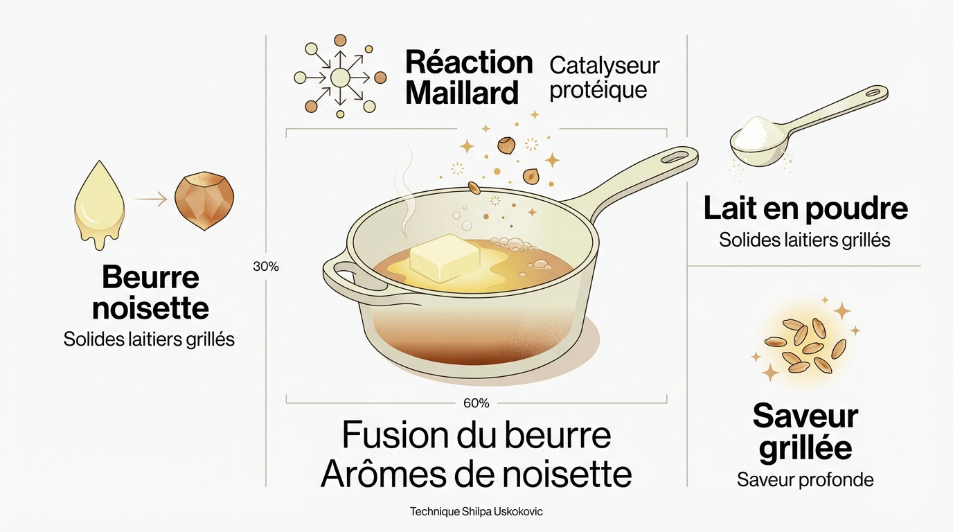 Processus de transformation du beurre en beurre noisette avec ajout de lait en poudre