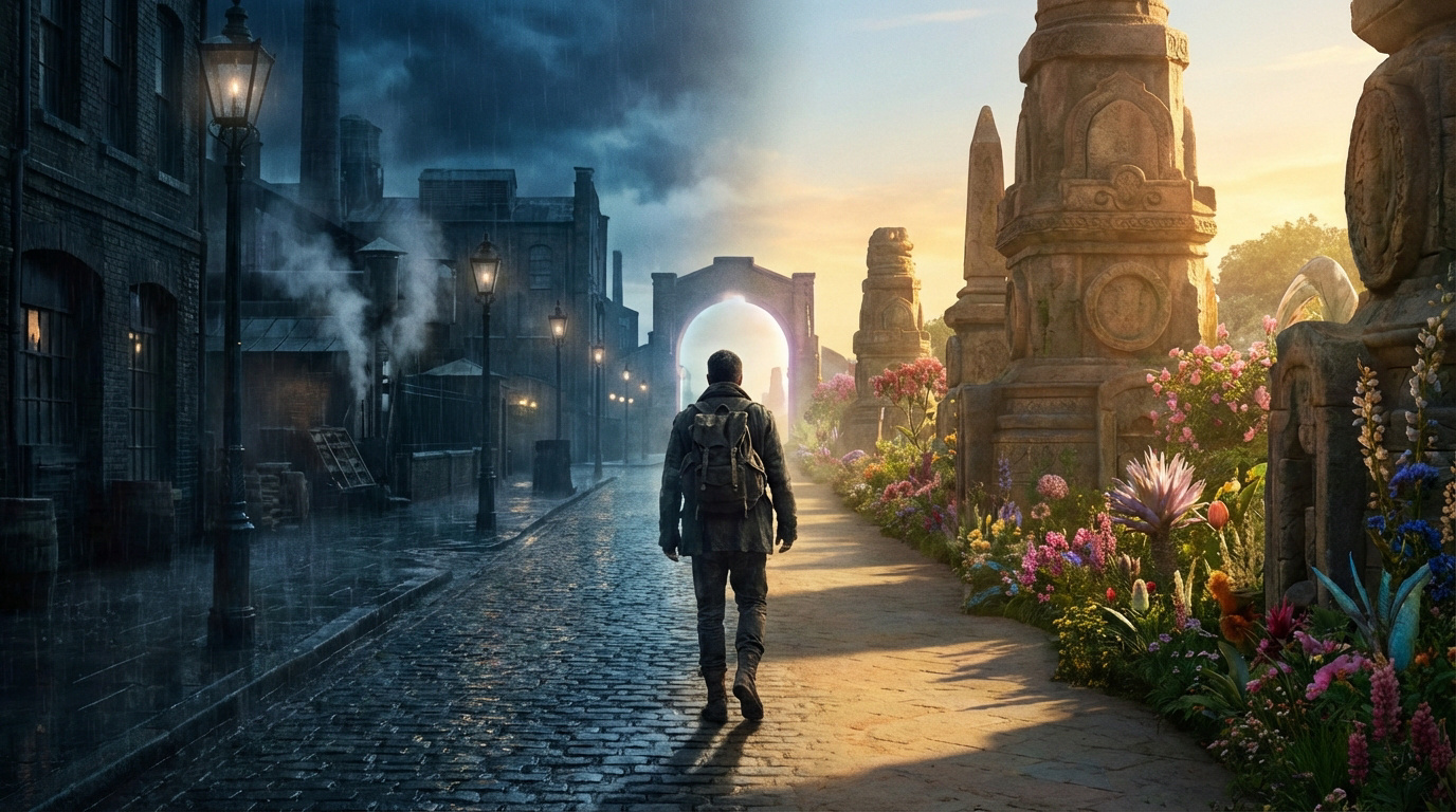Image divisée : à gauche, une rue industrielle sombre sous la pluie ; à droite, un sentier fleuri et lumineux. Un homme avance vers une arche.