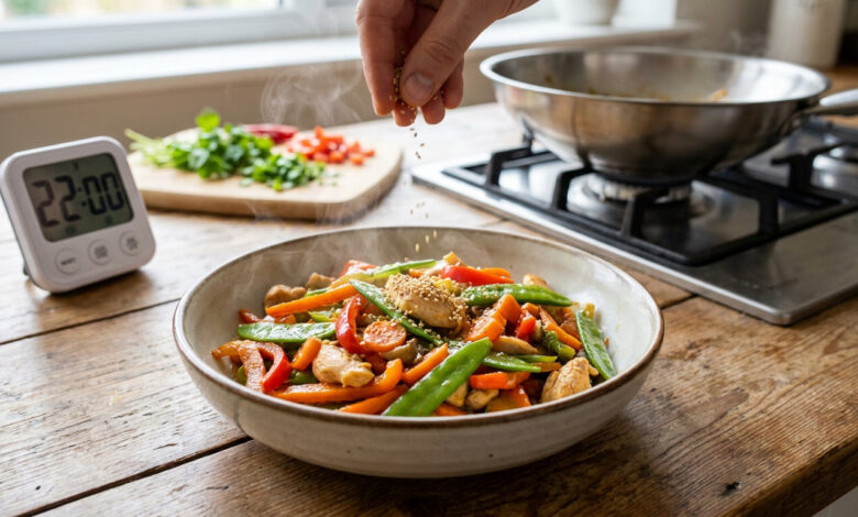 Une personne parsème de graines de sésame un plat fumant de poulet et légumes colorés, avec un minuteur affichant 22:00.