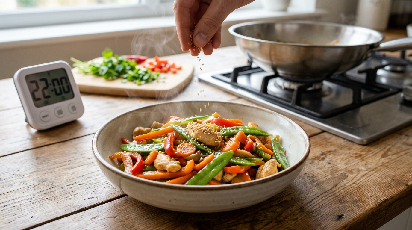Une personne parsème de graines de sésame un plat fumant de poulet et légumes colorés, avec un minuteur affichant 22:00.