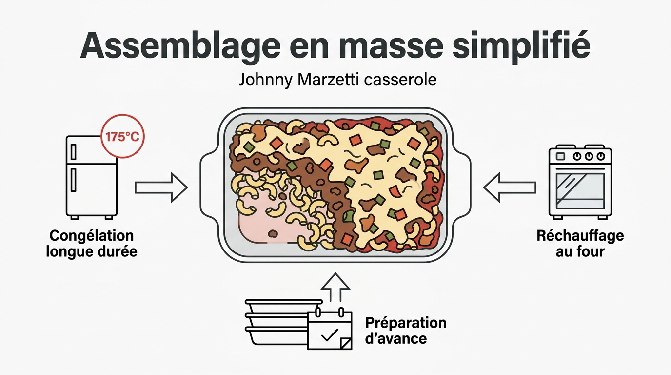 Préparation en série d'un gratin Johnny Marzetti avec bœuf et fromage pour congélation