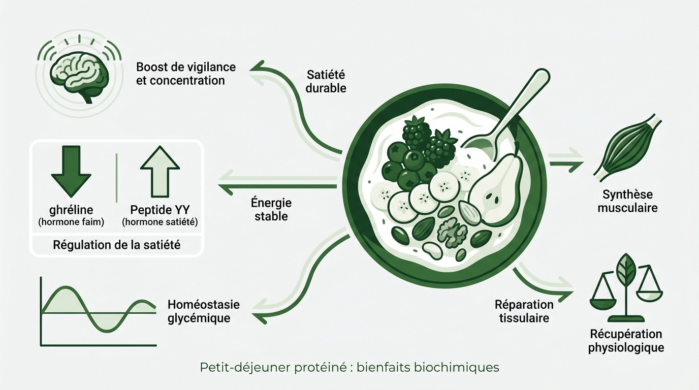 Schéma des bénéfices métaboliques d'un petit-déjeuner riche en protéines et yaourt