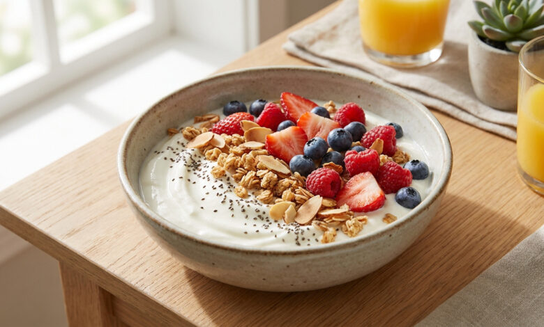 Bol de yaourt grec avec granola, fraises, myrtilles, framboises, graines de chia et amandes effilées sur table en bois.