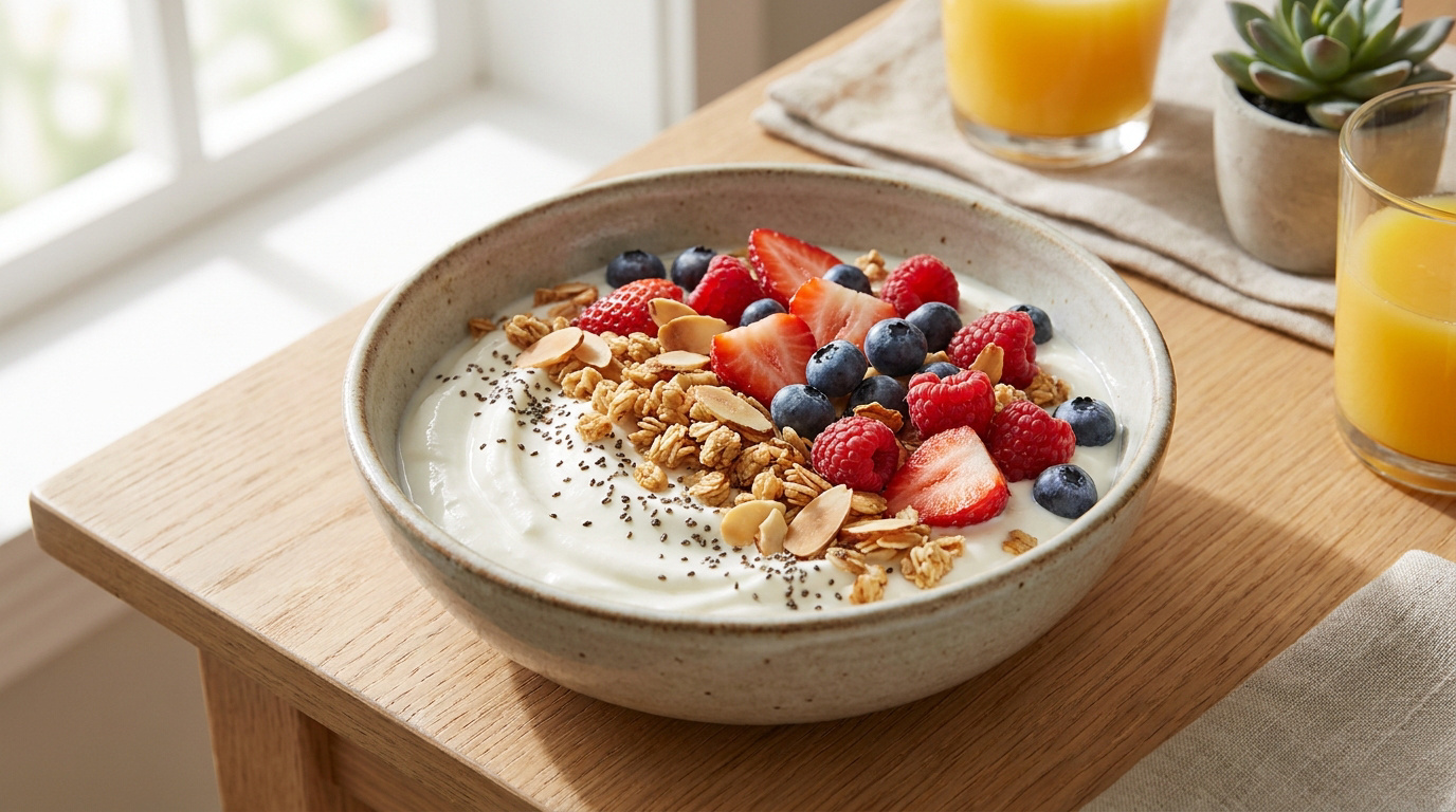 Bol de yaourt grec avec granola, fraises, myrtilles, framboises, graines de chia et amandes effilées sur table en bois.