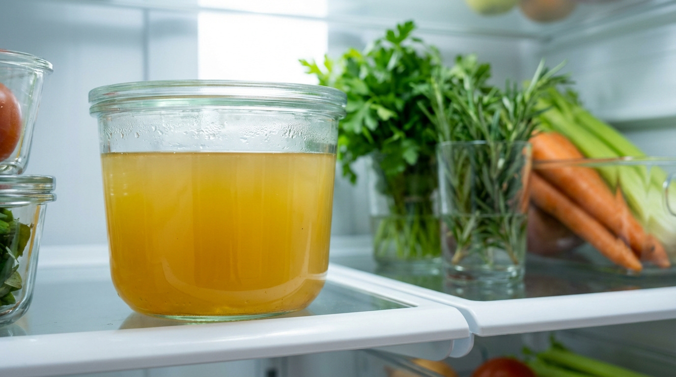 Bocal de bouillon de poulet jaune dans un réfrigérateur bien organisé, avec persil, romarin, carottes et céleri frais.