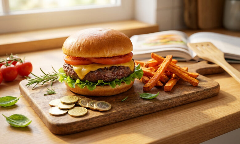 Cheeseburger maison avec frites de patate douce, accompagné de pièces de monnaie sur une planche en bois près d'ingrédients frais.