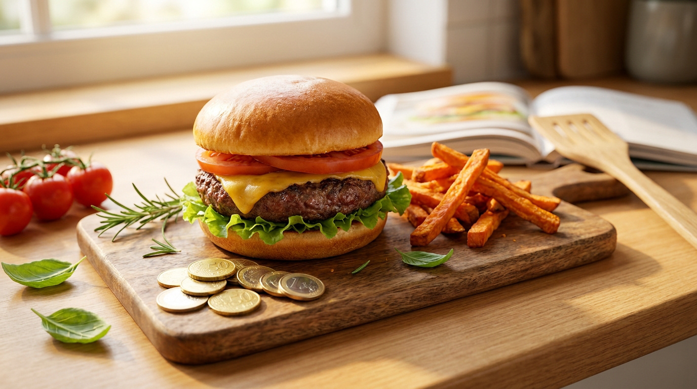 Cheeseburger maison avec frites de patate douce, accompagné de pièces de monnaie sur une planche en bois près d'ingrédients frais.