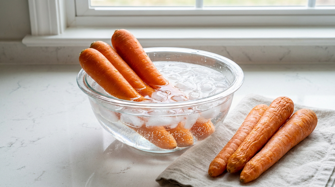 Des carottes flétries sont réhydratées dans un bol d'eau glacée sur un comptoir de cuisine, avec d'autres carottes molles à côté.