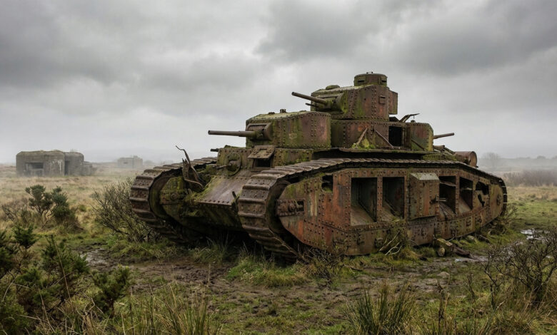 Char lourd expérimental A1E1 Independent rouillé et moussu, abandonné près de bunkers bétonnés dans un champ boueux sous ciel gris.
