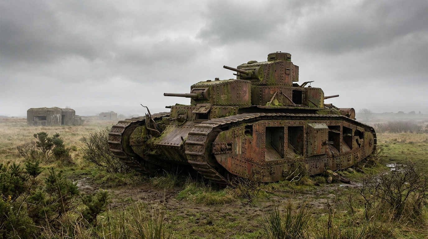 Char lourd expérimental A1E1 Independent rouillé et moussu, abandonné près de bunkers bétonnés dans un champ boueux sous ciel gris.