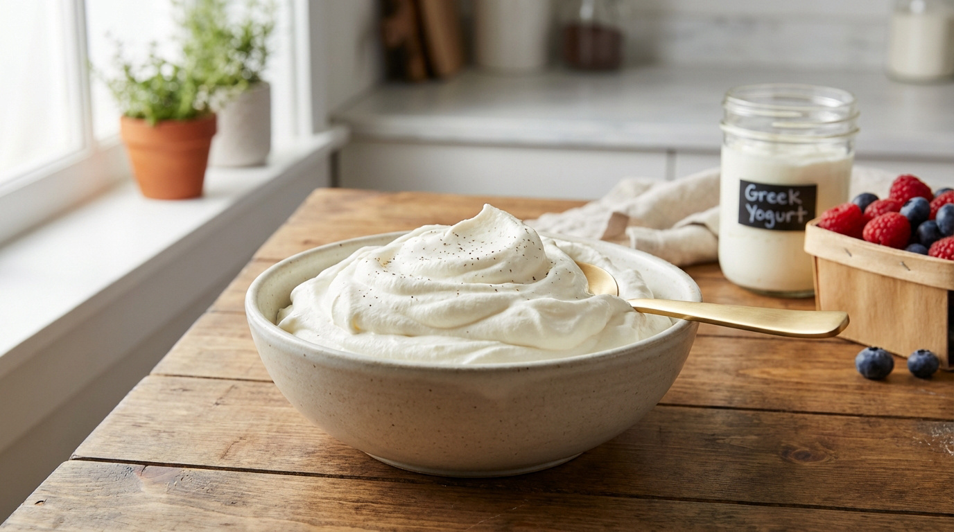 Un bol de chantilly au yaourt grec, saupoudrée, avec une cuillère dorée sur une table en bois rustique. Du yaourt grec, des framboises et des myrtilles sont à l'arrière-plan.