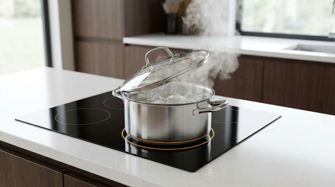 Casserole en acier inoxydable avec de l'eau bouillante et de la vapeur sur une plaque à induction noire dans une cuisine moderne. Couvercle soulevé.