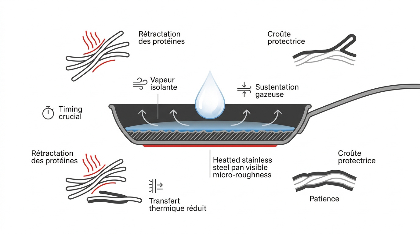 Schéma de l'effet Leidenfrost créant une couche de vapeur sous un aliment dans une poêle en inox