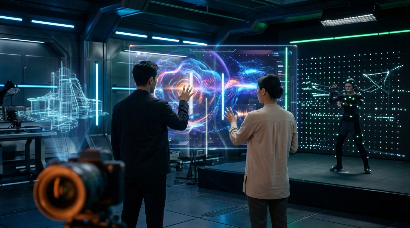 Studio high-tech : deux personnes interagissent avec un écran holographique, un acteur en combinaison de motion capture.