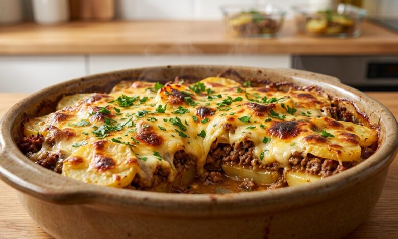 Gros plan d'un gratin de bœuf haché, pommes de terre et fromage fondu doré fumant dans un plat en terre cuite, garni de persil.