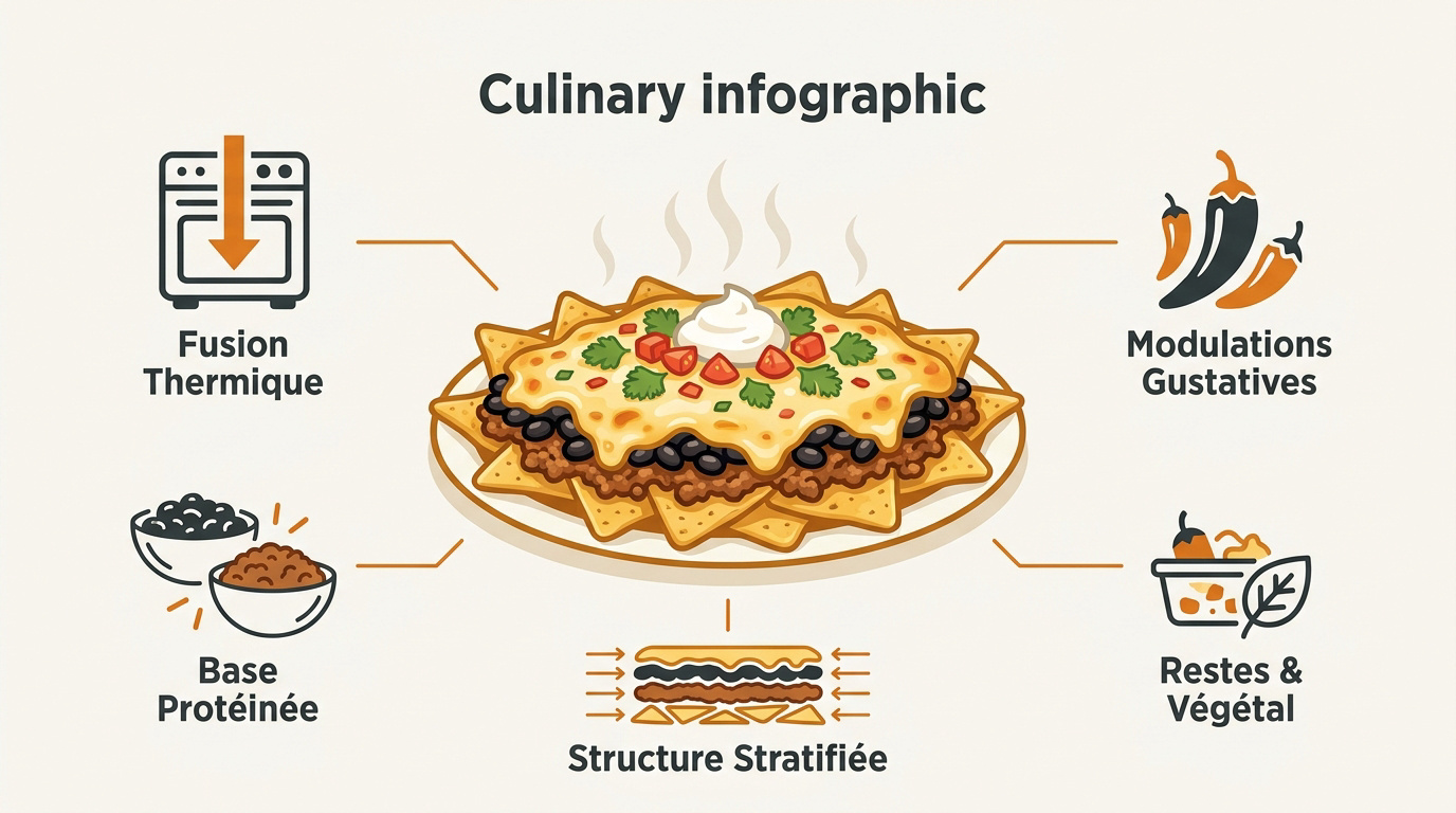 Infographie détaillant les couches successives pour réussir des nachos maison équilibrés