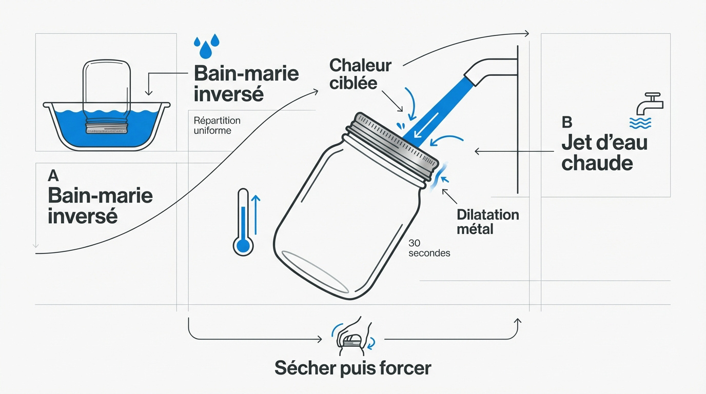 Infographie expliquant le processus de dilatation thermique pour l'ouverture d'un couvercle métallique