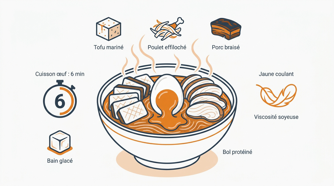 Infographie détaillant les étapes de préparation et d'assemblage d'un bol de ramen optimisé