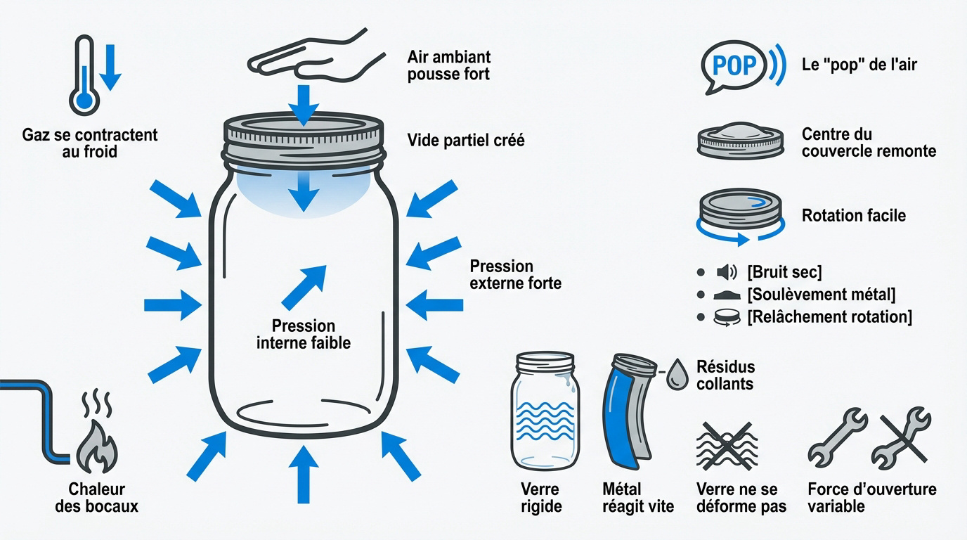 Schéma technique expliquant la pression atmosphérique et le vide d'air dans un bocal en verre