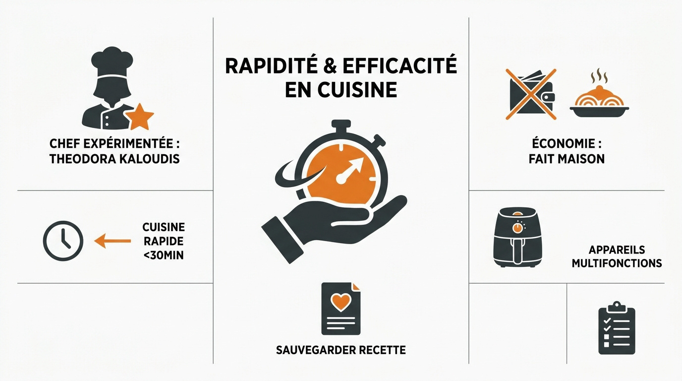 Infographie démontrant les gains de temps et l'efficacité des méthodes de cuisson rapide en cuisine