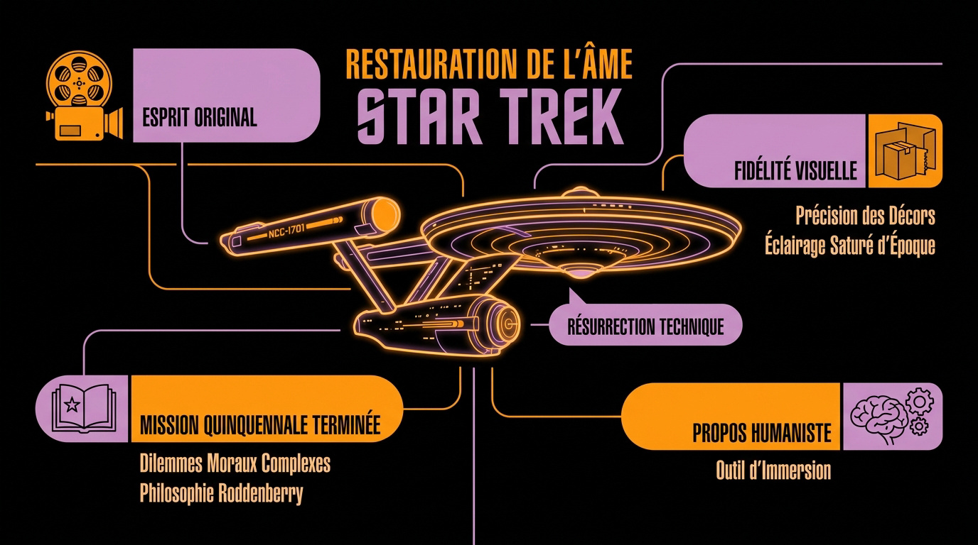 Infographie détaillant la restauration technique et l'esthétique LCARS de Star Trek Continues