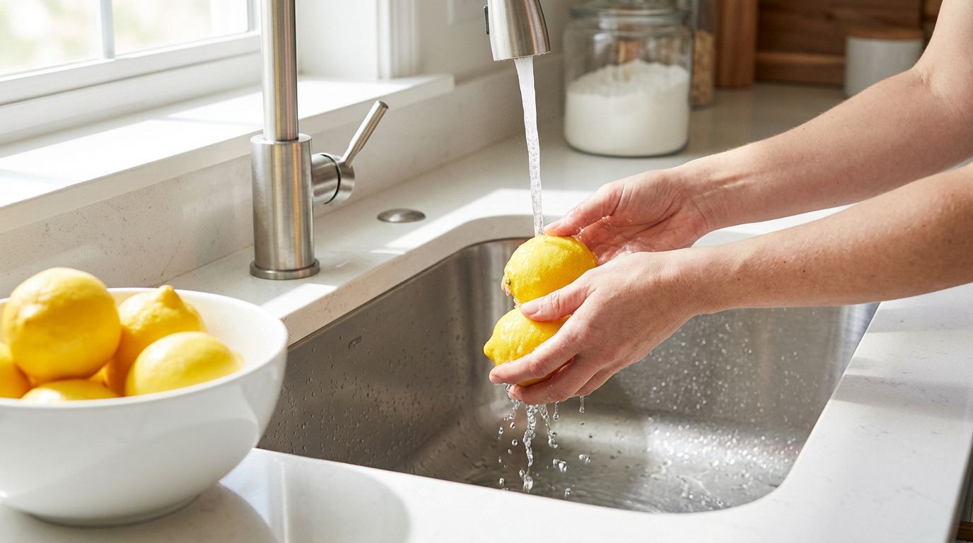 Deux mains lavent des citrons sous le robinet d'un évier de cuisine moderne, avec un bol de citrons à côté.