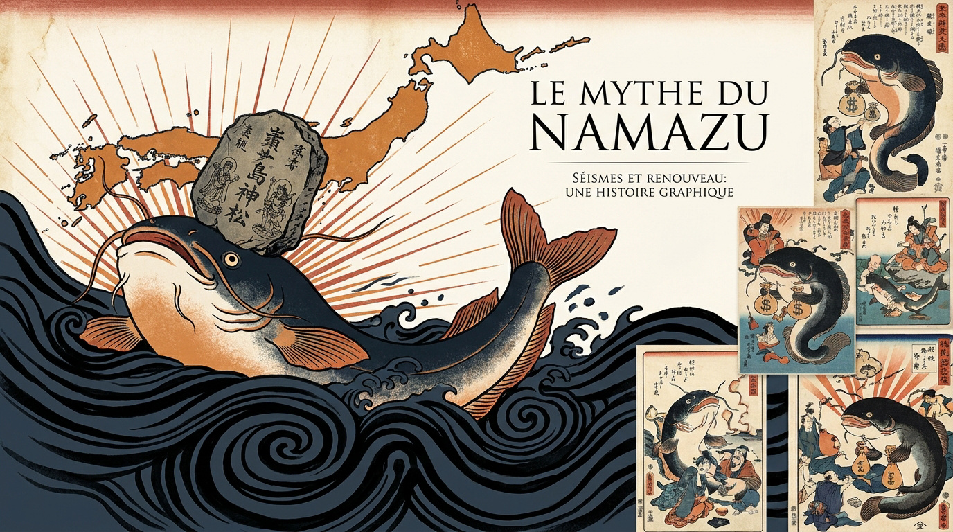 Représentation traditionnelle du poisson-chat Namazu et du dieu Kashima lors d'un séisme