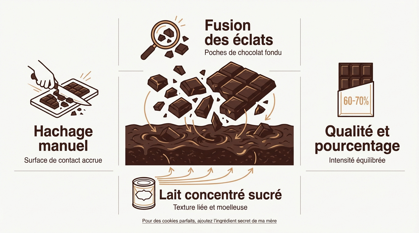 Préparation de la pâte à brownie avec chocolat haché et lait concentré