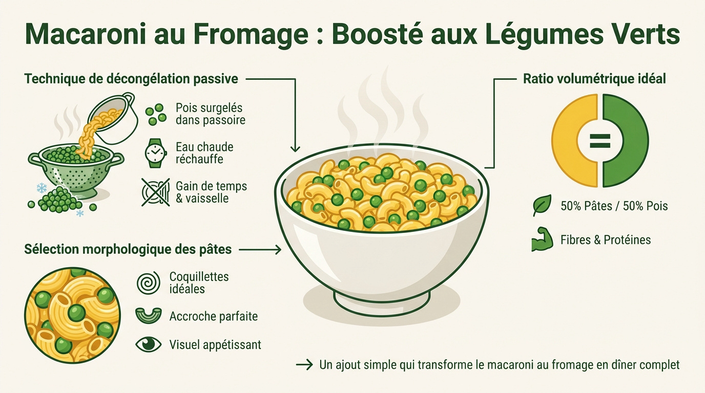 Macaronis au fromage et petits pois
