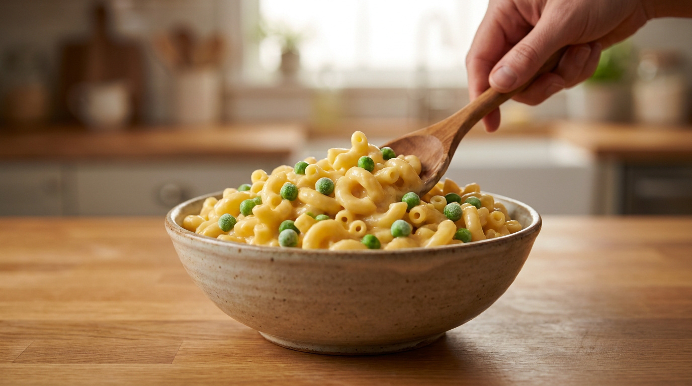 Bol de macaronis au fromage crémeux et petits pois verts, mélangés par une main avec une cuillère en bois sur un comptoir de cuisine.
