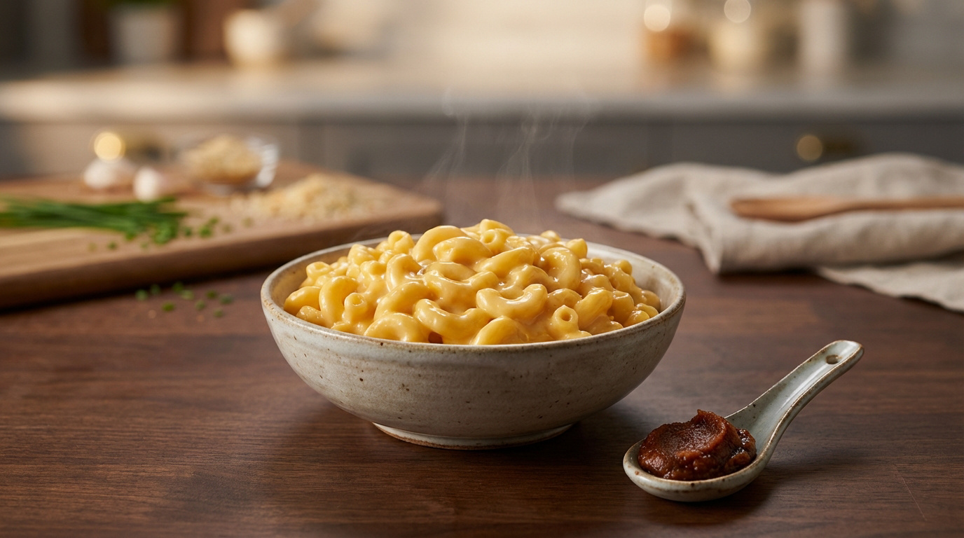 Bol de macaroni au fromage crémeux et fumant sur une table en bois. Une cuillère de pâte de miso, de la ciboulette et de l'ail à côté.