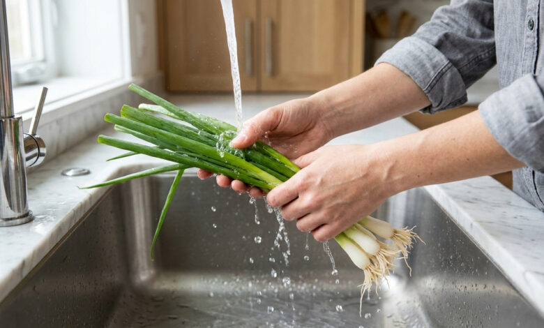 Mains lavant une botte d'oignons verts sous un robinet d'eau, au-dessus d'un évier en inox dans une cuisine.