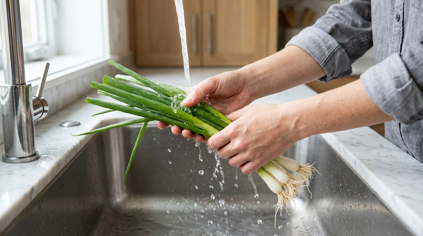Mains lavant une botte d'oignons verts sous un robinet d'eau, au-dessus d'un évier en inox dans une cuisine.