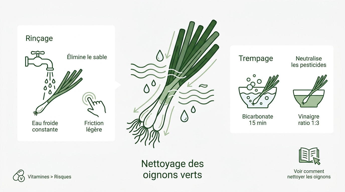 Procédure de nettoyage manuel des oignons verts sous un flux d'eau froide